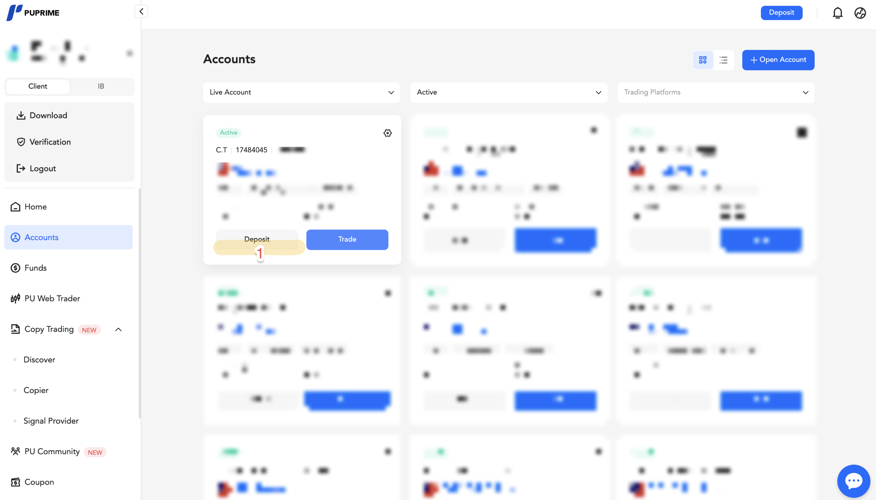 Deposit into the new copy trading account