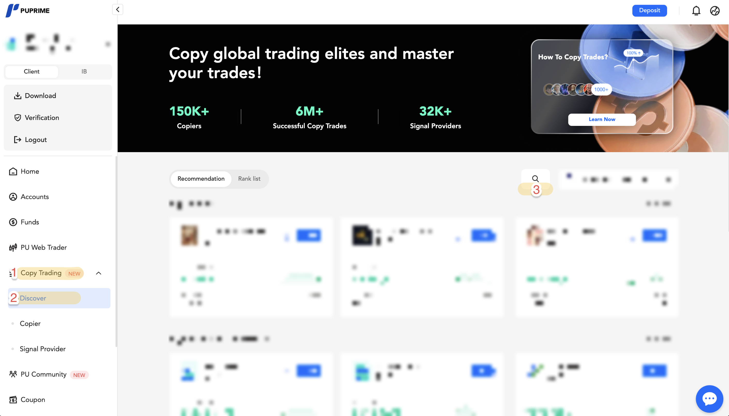 Open Copy Trading > Discover and hit the search icon