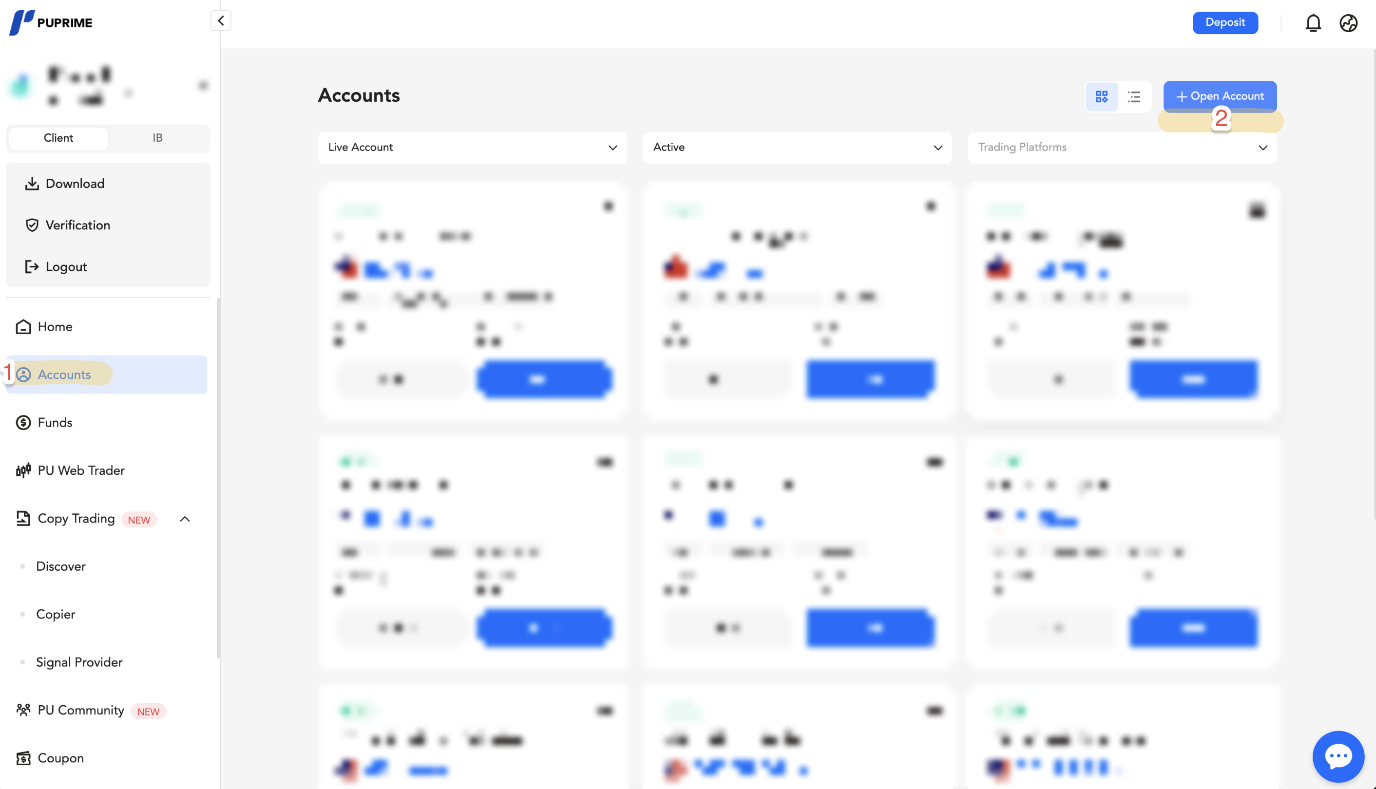 Navigate to Accounts and open a new one