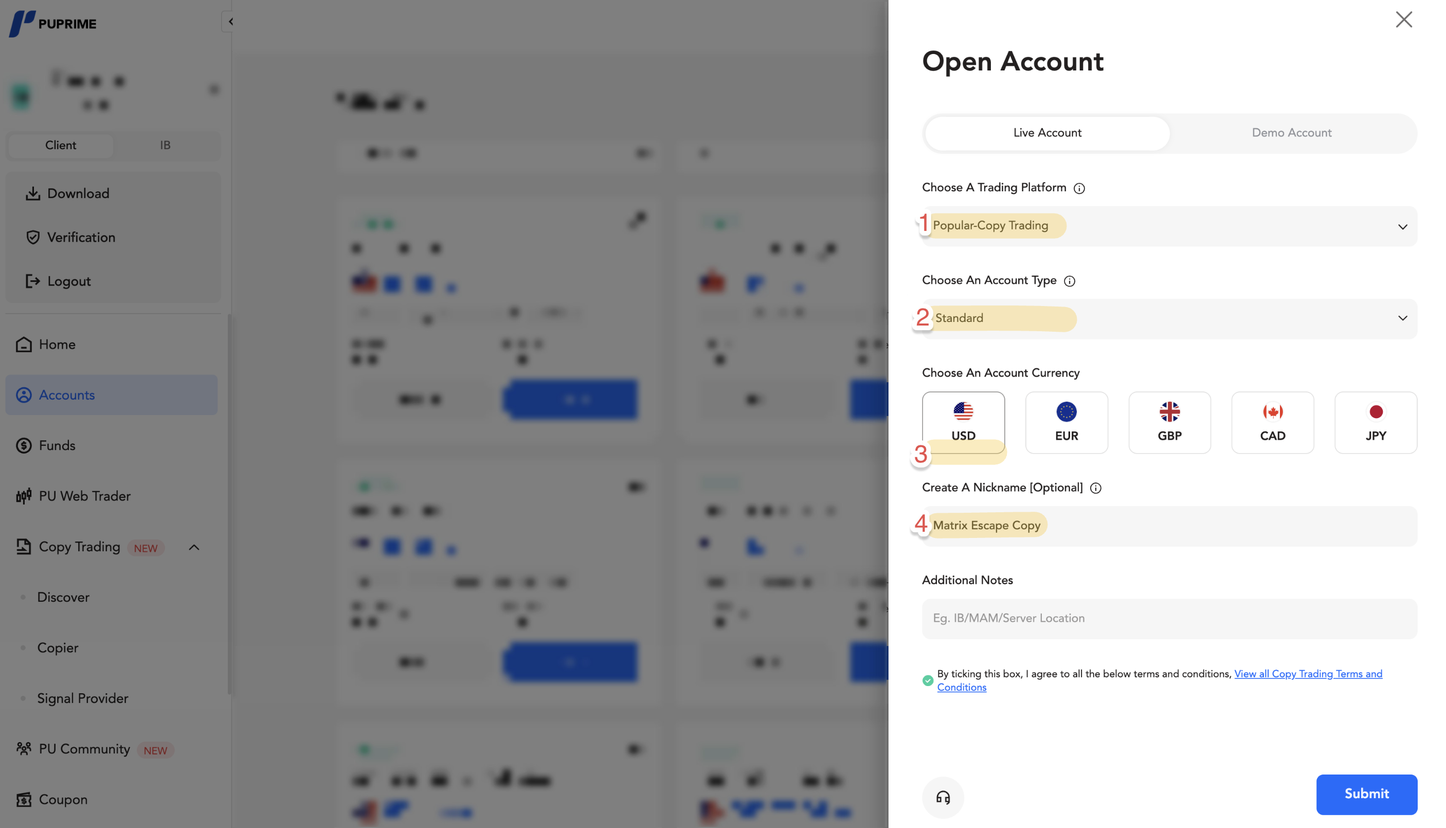 Configure the account as a copy trading account